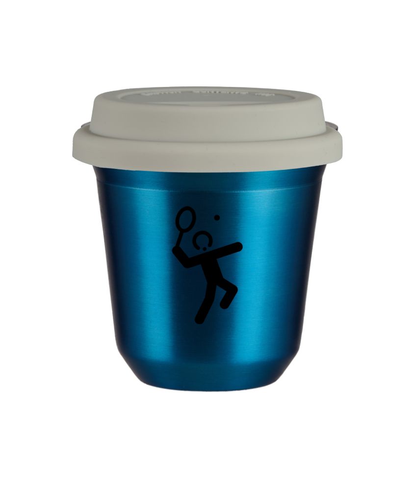 Tasse 150 ml BLEU MÉTALLIQUE "Tennis 2", avec couvercle blanc