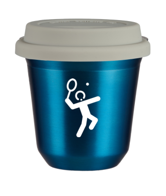 Tasse 150 ml BLEU MÉTALLIQUE "Tennis 2 (blanc)", avec couvercle blanc Tasse 150 ml BLEU MÉTALLIQUE "Tennis 2 (blanc)", avec couvercle blanc