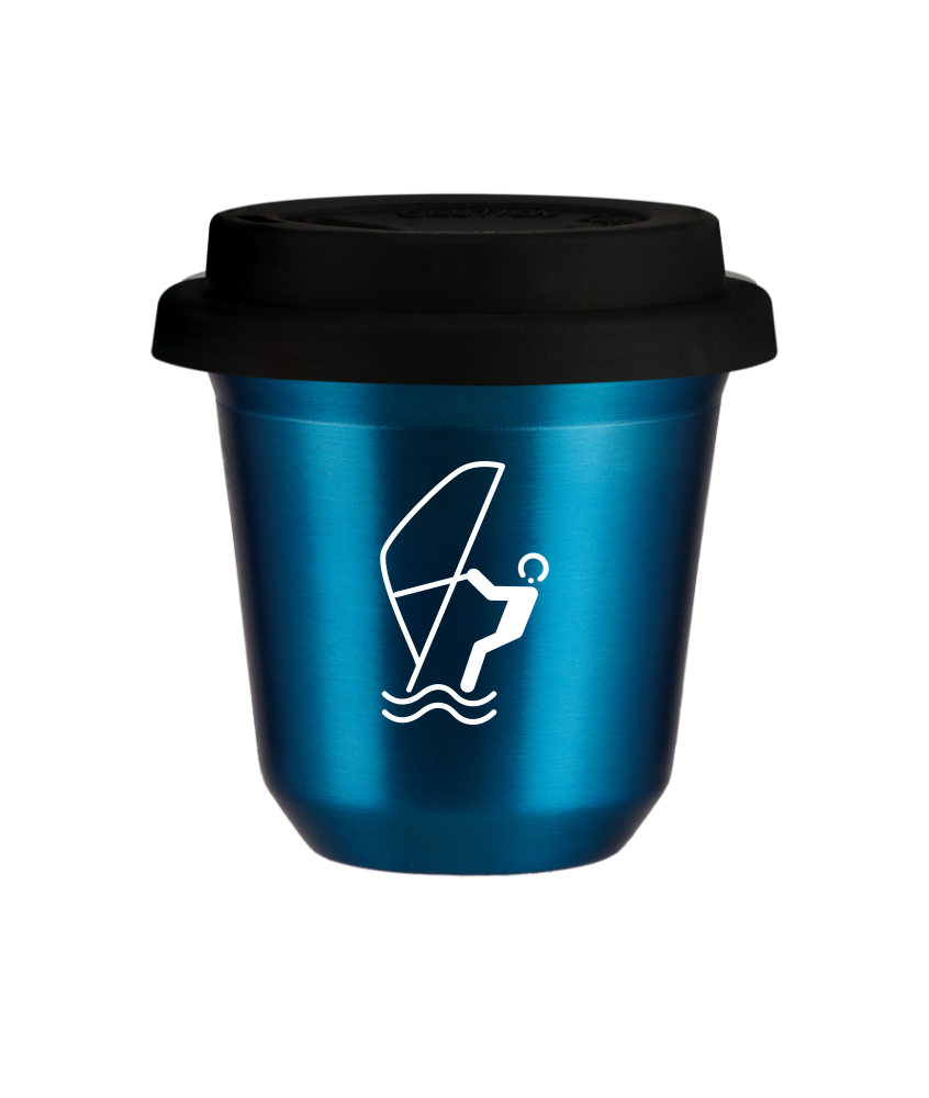 Tasse 150 ml BLEU MÉTALLIQUE "Sports nautiques (blanc)", avec couvercle noir