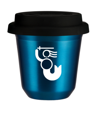 Tasse 150 ml BLEU MÉTALLIQUE "WARSZAWSKA SYRENKA (blanc)", avec couvercle noir Tasse 150 ml BLEU MÉTALLIQUE "WARSZAWSKA SYRENKA (blanc)", avec couvercle noir