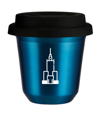 Tasse 150 ml BLEU MÉTALLIQUE "Pałac kultury i nauki (blanc)", avec couvercle noir Tasse 150 ml BLEU MÉTALLIQUE "Pałac kultury i nauki (blanc)", avec couvercle noir