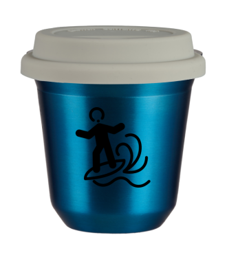 Tasse 150 ml BLEU MÉTALLIQUE "Planche à voile (noir)", avec couvercle blanc Tasse 150 ml BLEU MÉTALLIQUE "Planche à voile (noir)", avec couvercle blanc