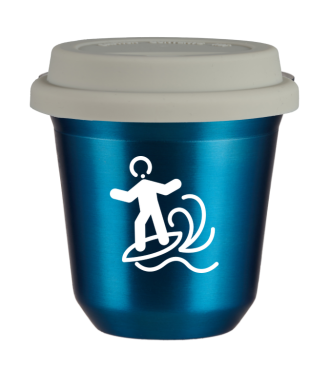 Tasse 150 ml BLEU MÉTALLIQUE "Planche à voile (blanc)", avec couvercle blanc Tasse 150 ml BLEU MÉTALLIQUE "Planche à voile (blanc)", avec couvercle blanc