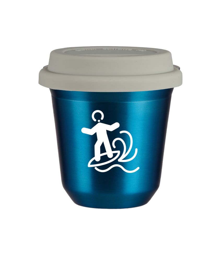 Tasse 150 ml BLEU MÉTALLIQUE "Planche à voile (blanc)", avec couvercle blanc
