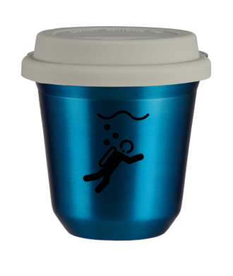 Tasse 150 ml BLEU MÉTALLIQUE "Plongée", avec couvercle blanc Tasse 150 ml BLEU MÉTALLIQUE "Plongée", avec couvercle blanc