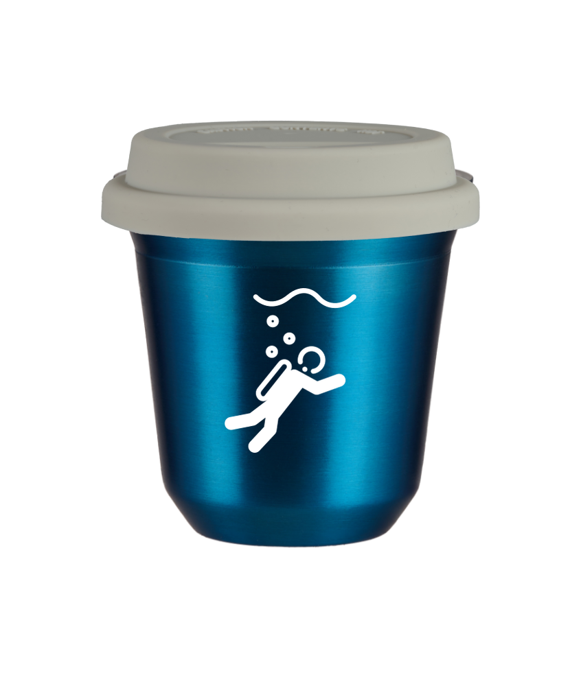 Tasse 150 ml BLEU MÉTALLIQUE "Plongée (blanc)", avec couvercle blanc