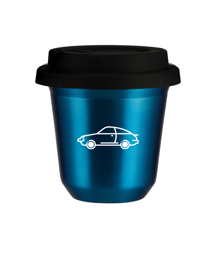 Tasse 150 ml BLEU MÉTALLIQUE "Voiture (blanc)", avec couvercle noir