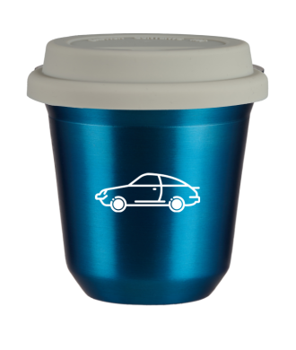 Tasse 150 ml BLEU MÉTALLIQUE "Voiture (blanc)", avec couvercle blanc Tasse 150 ml BLEU MÉTALLIQUE "Voiture (blanc)", avec couvercle blanc