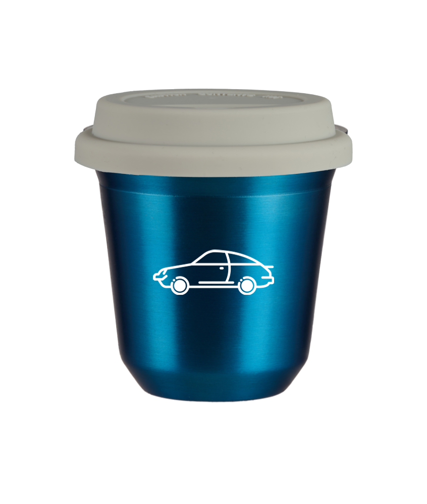 Tasse 150 ml BLEU MÉTALLIQUE "Voiture (blanc)", avec couvercle blanc