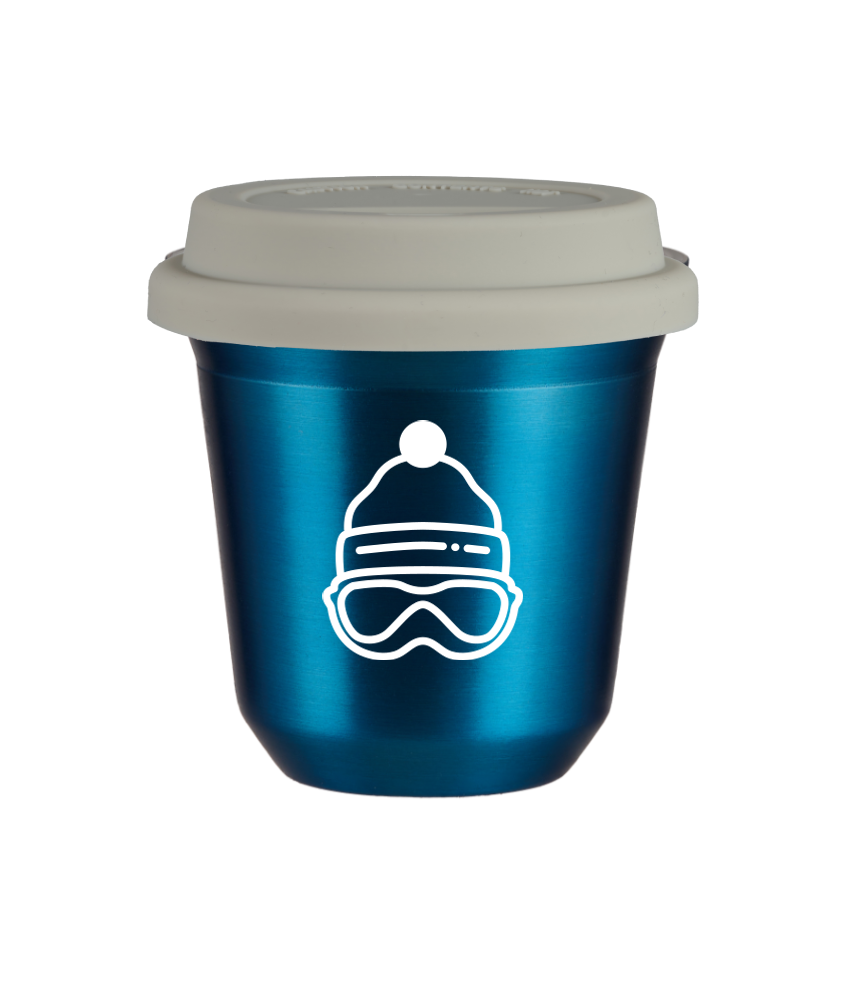 Tasse 150 ml BLEU MÉTALLIQUE "Casquette (blanc)", avec couvercle blanc Tasse 150 ml BLEU MÉTALLIQUE "Casquette (blanc)", avec couvercle blanc