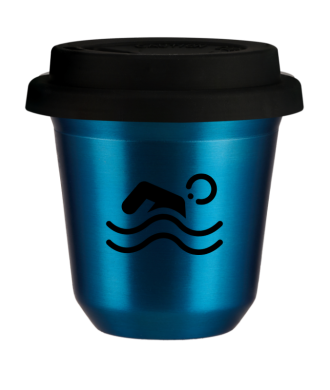 Tasse 150 ml BLEU MÉTALLIQUE "Natation (noir)", avec couvercle noir Tasse 150 ml BLEU MÉTALLIQUE "Natation (noir)", avec couvercle noir