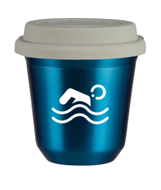 Tasse 150 ml BLEU MÉTALLIQUE "Natation (blanc)", avec couvercle blanc Tasse 150 ml BLEU MÉTALLIQUE "Natation (blanc)", avec couvercle blanc