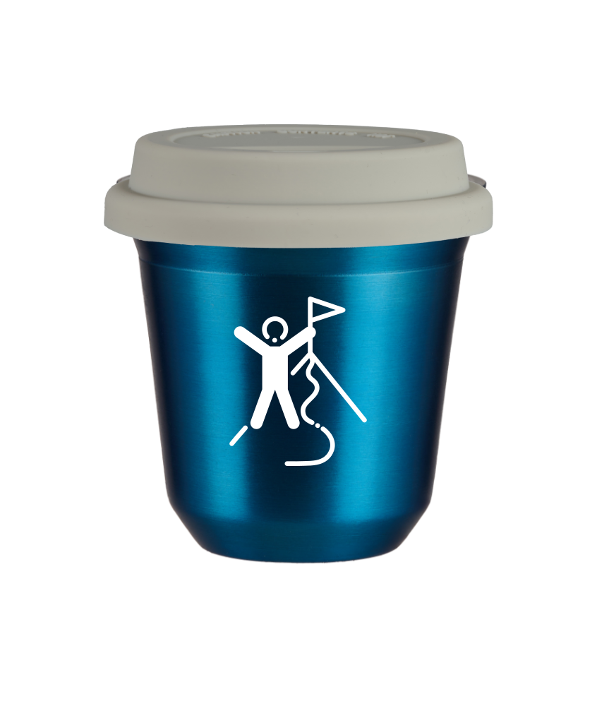 Tasse 150 ml BLEU MÉTALLIQUE "Escalade 1 (blanc)", avec couvercle blanc Tasse 150 ml BLEU MÉTALLIQUE "Escalade 1 (blanc)", avec couvercle blanc