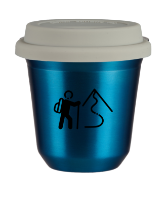 Tasse 150 ml BLEU MÉTALLIQUE "Escalade 2", avec couvercle blanc Tasse 150 ml BLEU MÉTALLIQUE "Escalade 2", avec couvercle blanc