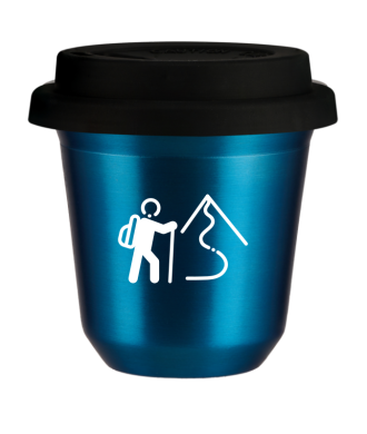 Tasse 150 ml BLEU MÉTALLIQUE "Escalade 2 (blanc)", avec couvercle noir Tasse 150 ml BLEU MÉTALLIQUE "Escalade 2 (blanc)", avec couvercle noir