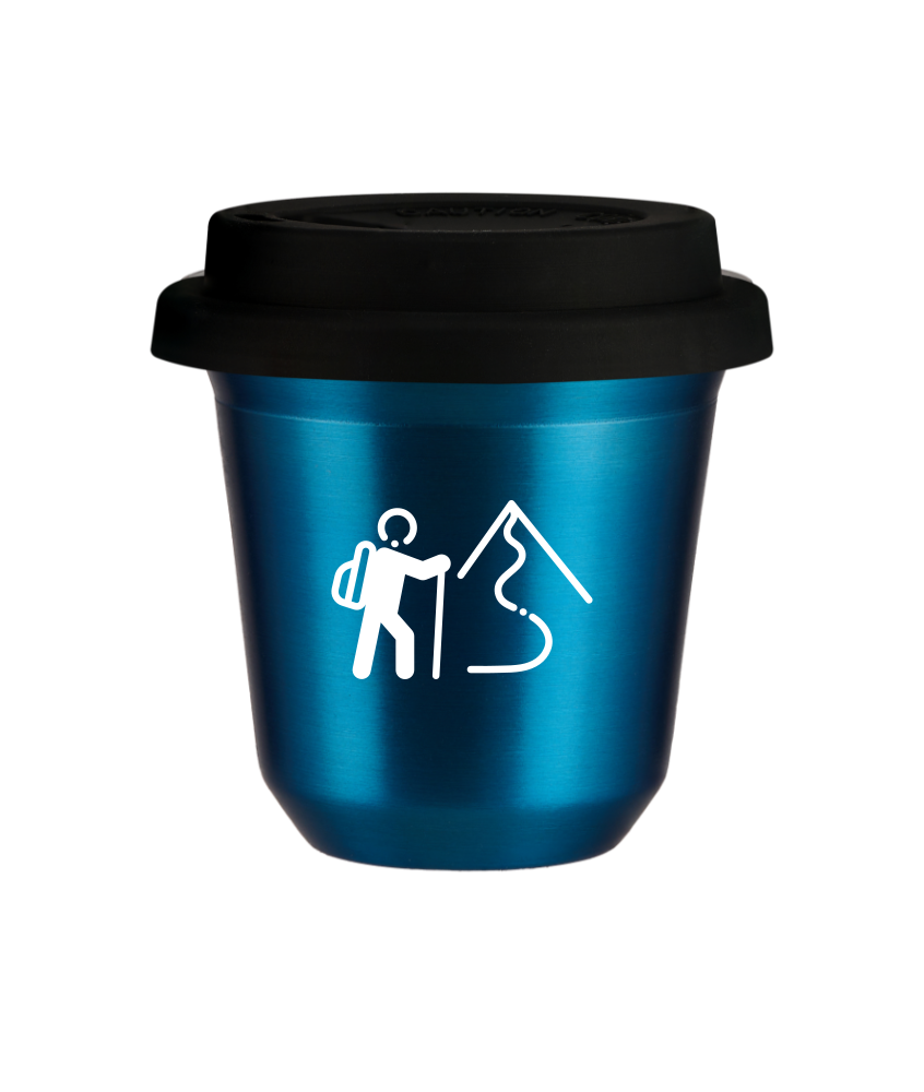 Tasse 150 ml BLEU MÉTALLIQUE "Escalade 2 (blanc)", avec couvercle noir