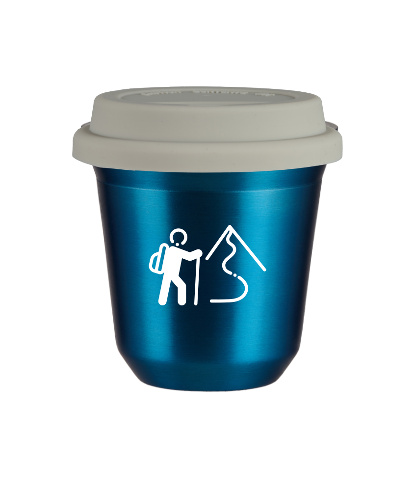 Tasse 150 ml BLEU MÉTALLIQUE "Escalade 2 (blanc)", avec couvercle blanc