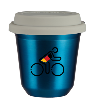 Tasse 150 ml BLEU MÉTALLIQUE "Cycliste aux couleurs allemandes", avec couvercle blanc Tasse 150 ml BLEU MÉTALLIQUE "Cycliste aux couleurs allemandes", avec couvercle blanc