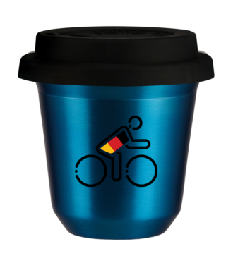 Tasse 150 ml BLEU MÉTALLIQUE "Cycliste aux couleurs allemandes (noir)", avec couvercle noir Tasse 150 ml BLEU MÉTALLIQUE "Cycliste aux couleurs allemandes (noir)", avec couvercle noir