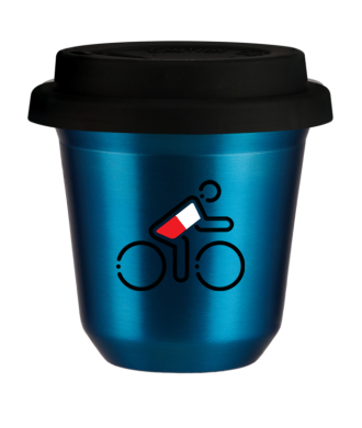 Tasse 150 ml BLEU MÉTALLIQUE "Cycliste aux couleurs polonaises (noir)", avec couvercle noir Tasse 150 ml BLEU MÉTALLIQUE "Cycliste aux couleurs polonaises (noir)", avec couvercle noir