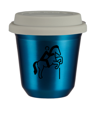 Tasse 150 ml BLEU MÉTALLIQUE "Équitation 1 (noir)", avec couvercle blanc Tasse 150 ml BLEU MÉTALLIQUE "Équitation 1 (noir)", avec couvercle blanc