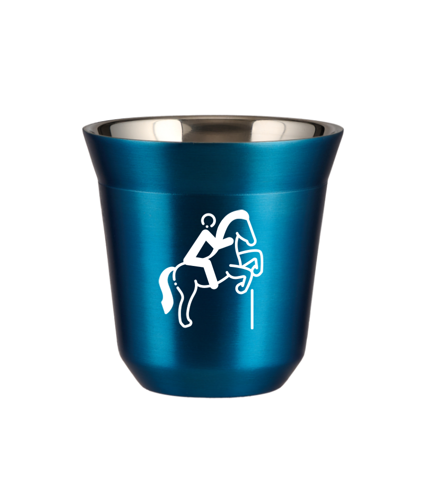 Tasse 150 ml BLEU MÉTALLIQUE "Équitation 1 (blanc)"