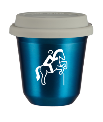 Tasse 150 ml BLEU MÉTALLIQUE "Équitation 1 (blanc)", avec couvercle blanc Tasse 150 ml BLEU MÉTALLIQUE "Équitation 1 (blanc)", avec couvercle blanc