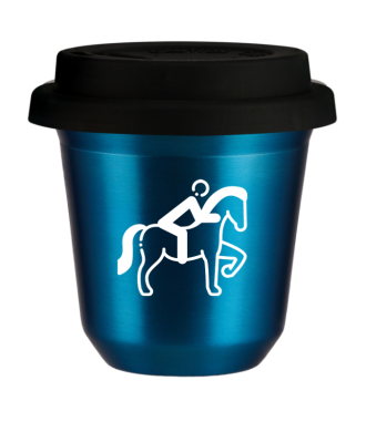 Tasse 150 ml BLEU MÉTALLIQUE "Équitation 2 (blanc)", avec couvercle noir Tasse 150 ml BLEU MÉTALLIQUE "Équitation 2 (blanc)", avec couvercle noir