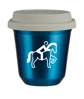 Tasse 150 ml BLEU MÉTALLIQUE "Équitation 2 (blanc)", avec couvercle blanc Tasse 150 ml BLEU MÉTALLIQUE "Équitation 2 (blanc)", avec couvercle blanc