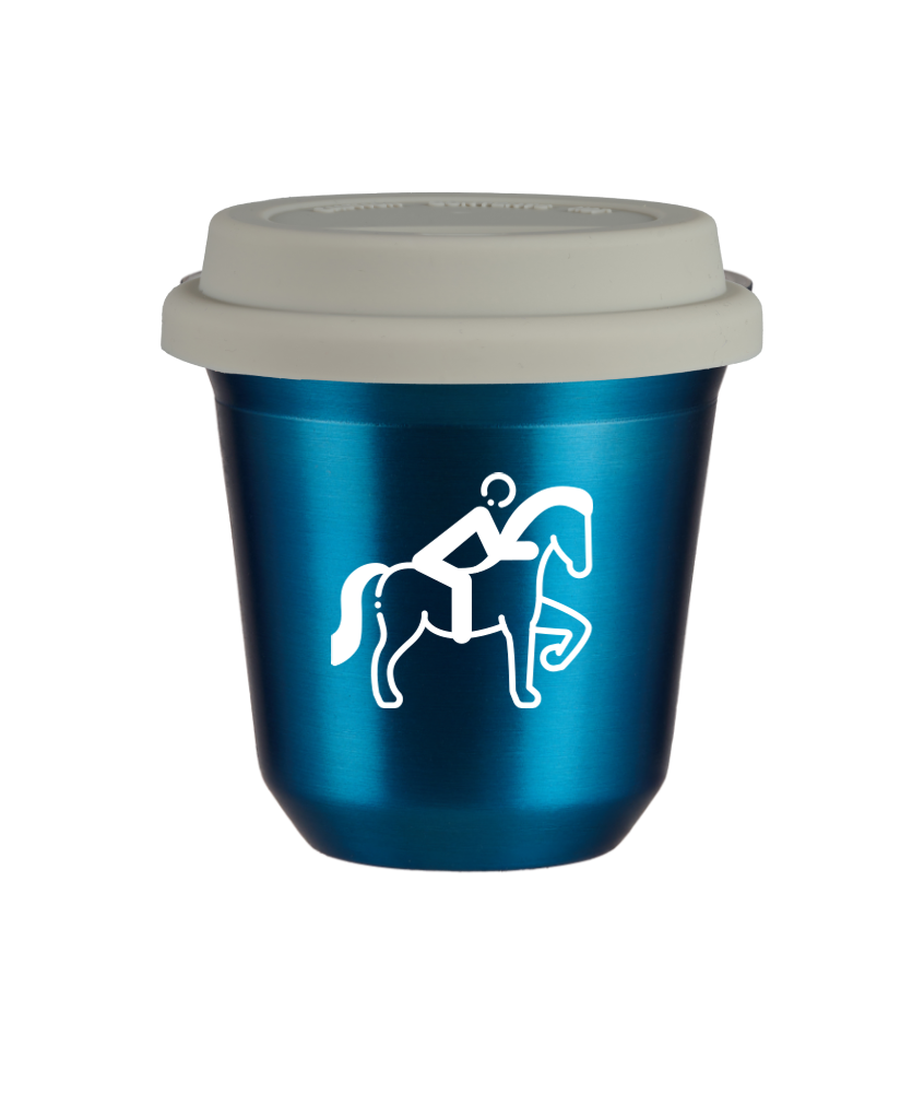 Tasse 150 ml BLEU MÉTALLIQUE "Équitation 2 (blanc)", avec couvercle blanc
