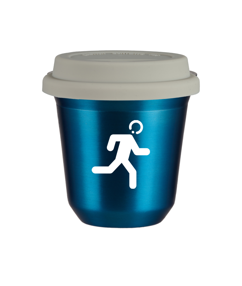 Tasse 150 ml BLEU MÉTALLIQUE "Coureur (blanc)", avec couvercle blanc