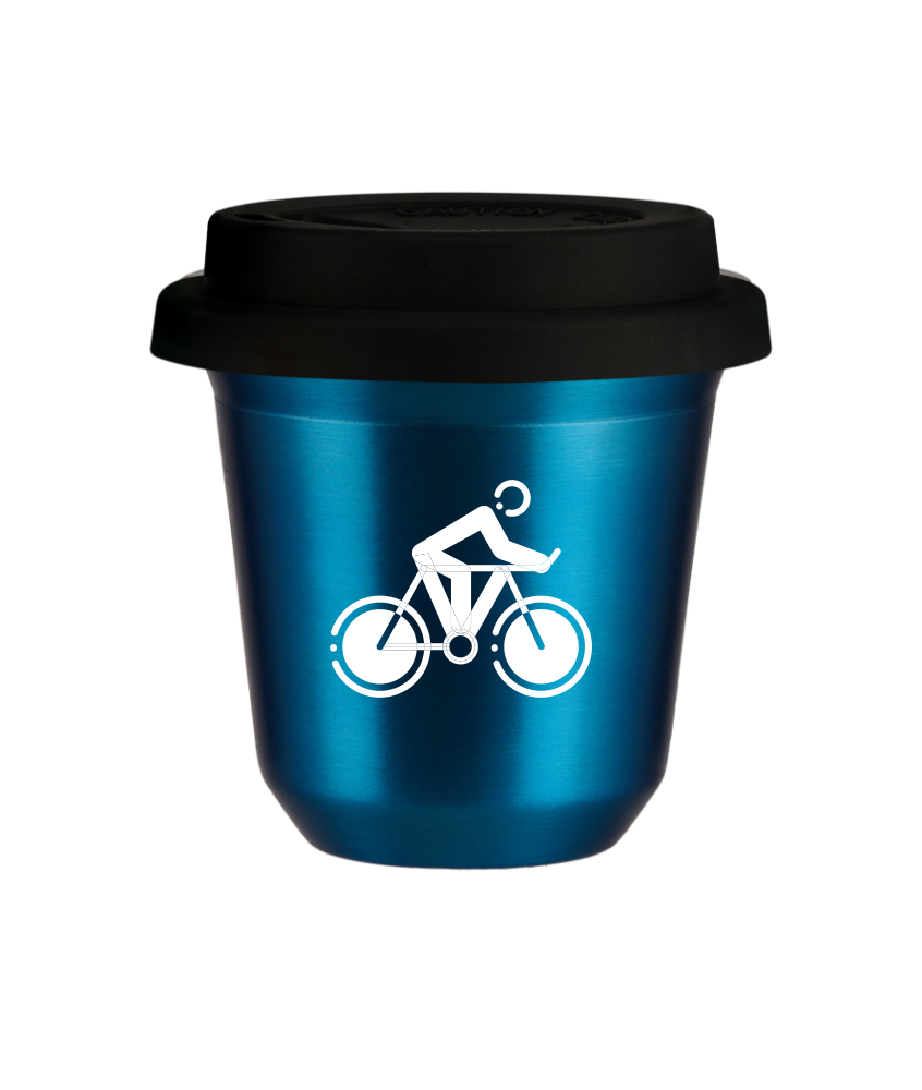 Tasse 150 ml BLEU MÉTALLIQUE "Cyclisme 2 (blanc)", avec couvercle noir