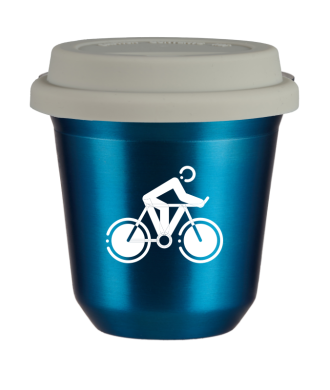 Tasse 150 ml BLEU MÉTALLIQUE "Cyclisme 2 (blanc)", avec couvercle blanc Tasse 150 ml BLEU MÉTALLIQUE "Cyclisme 2 (blanc)", avec couvercle blanc