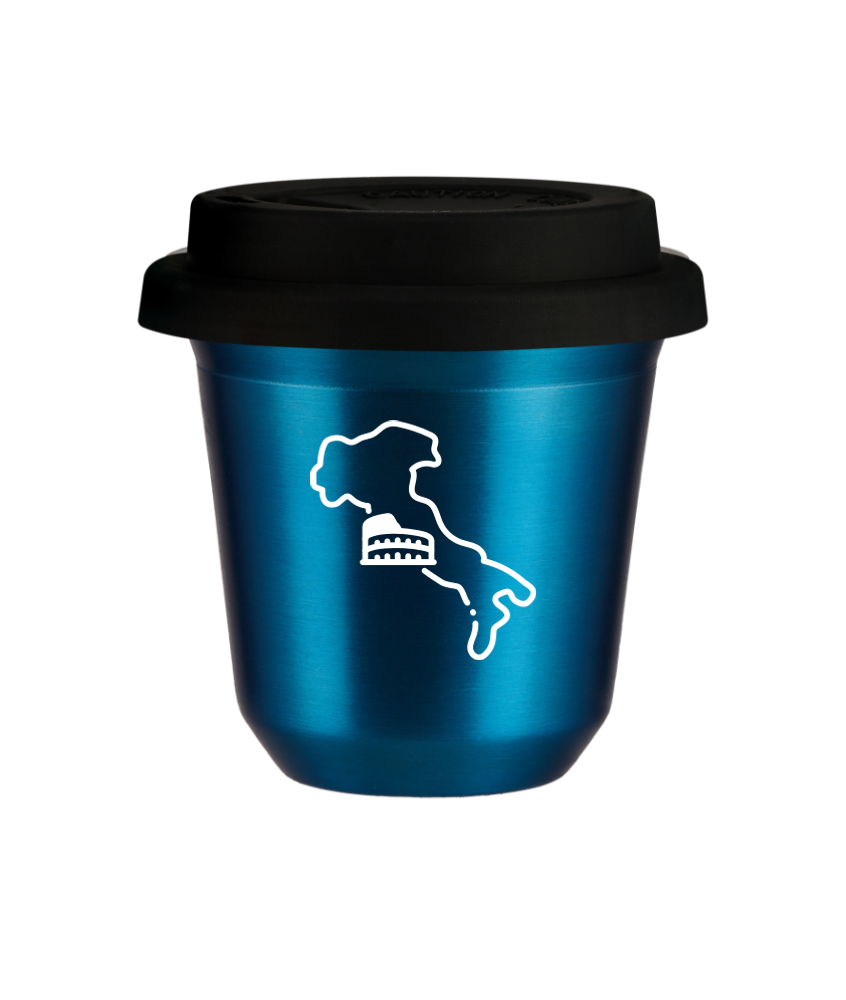 Tasse 150 ml BLEU MÉTALLIQUE "Italie (blanc)", avec couvercle noir