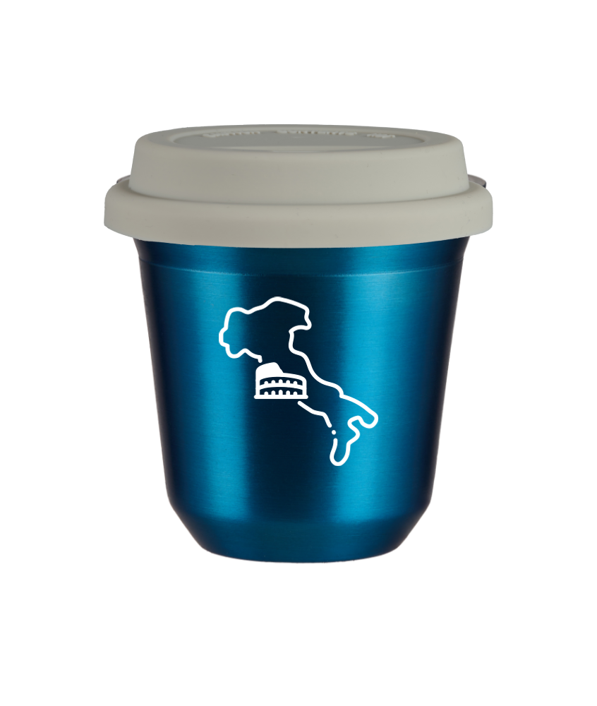 Tasse 150 ml BLEU MÉTALLIQUE "Italie (blanc)", avec couvercle blanc Tasse 150 ml BLEU MÉTALLIQUE "Italie (blanc)", avec couvercle blanc