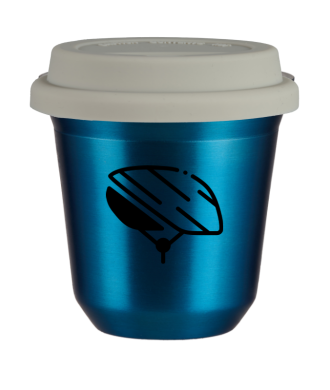 Tasse 150 ml BLEU MÉTALLIQUE "Casque", avec couvercle blanc Tasse 150 ml BLEU MÉTALLIQUE "Casque", avec couvercle blanc