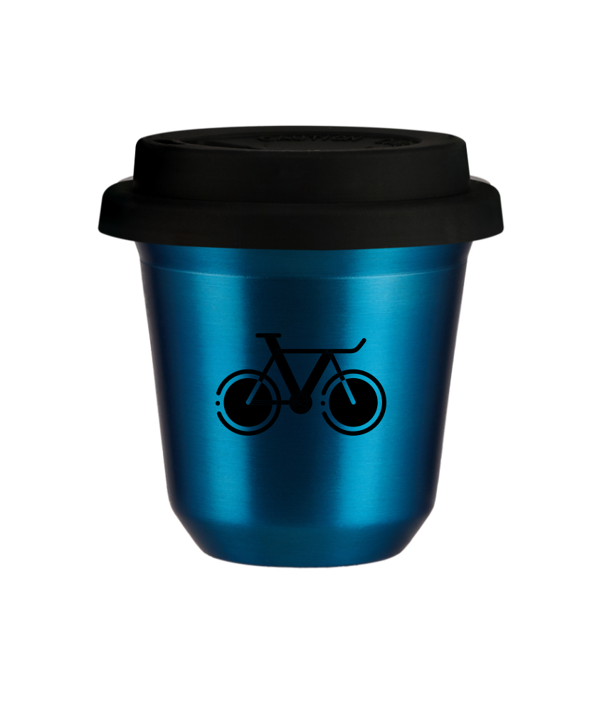 Tasse 150 ml BLEU MÉTALLIQUE "Vélo 1 (noir)", avec couvercle noir