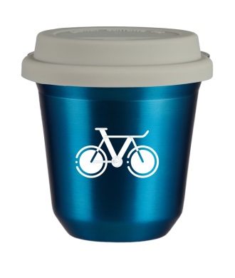 Tasse 150 ml BLEU MÉTALLIQUE "Vélo 1 (blanc)", avec couvercle blanc Tasse 150 ml BLEU MÉTALLIQUE "Vélo 1 (blanc)", avec couvercle blanc
