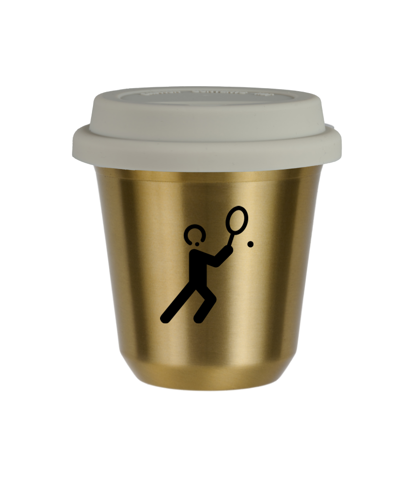 Tasse 150 ml OR "Tennis 1 (noir)", avec couvercle blanc