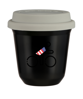 Tasse 80 ml NOIR "Cycliste aux couleurs britanniques", avec couvercle blanc Tasse 80 ml NOIR "Cycliste aux couleurs britanniques", avec couvercle blanc