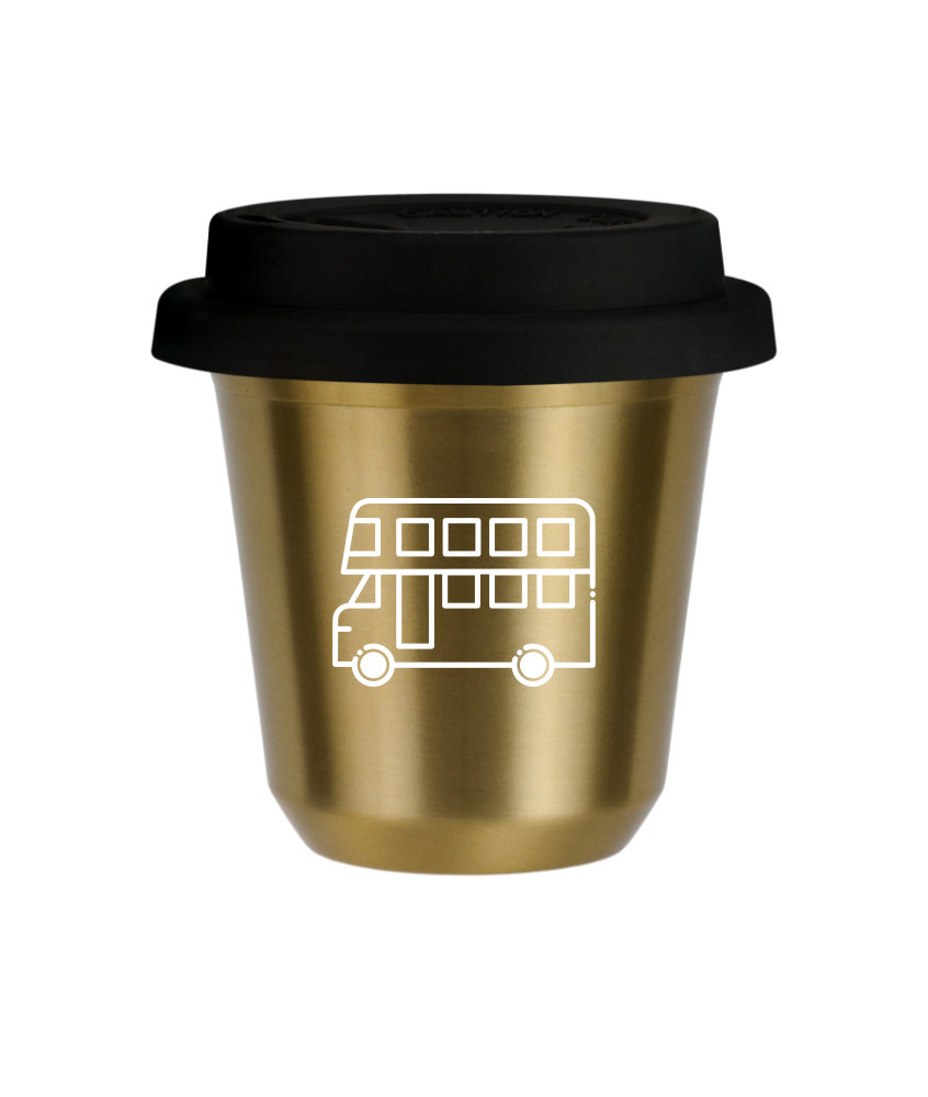 Tasse 150 ml OR "Bus (blanc)", avec couvercle noir