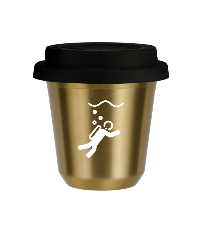 Tasse 150 ml OR "Plongée (blanc)", avec couvercle noir