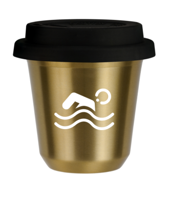 Tasse 150 ml OR "Natation (blanc)", avec couvercle noir Tasse 150 ml OR "Natation (blanc)", avec couvercle noir