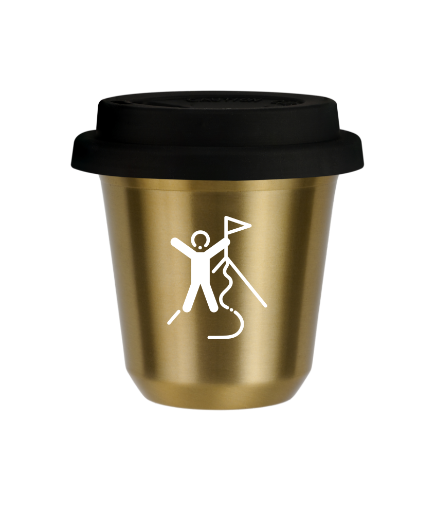 Tasse 150 ml OR "Escalade 1 (blanc)", avec couvercle noir