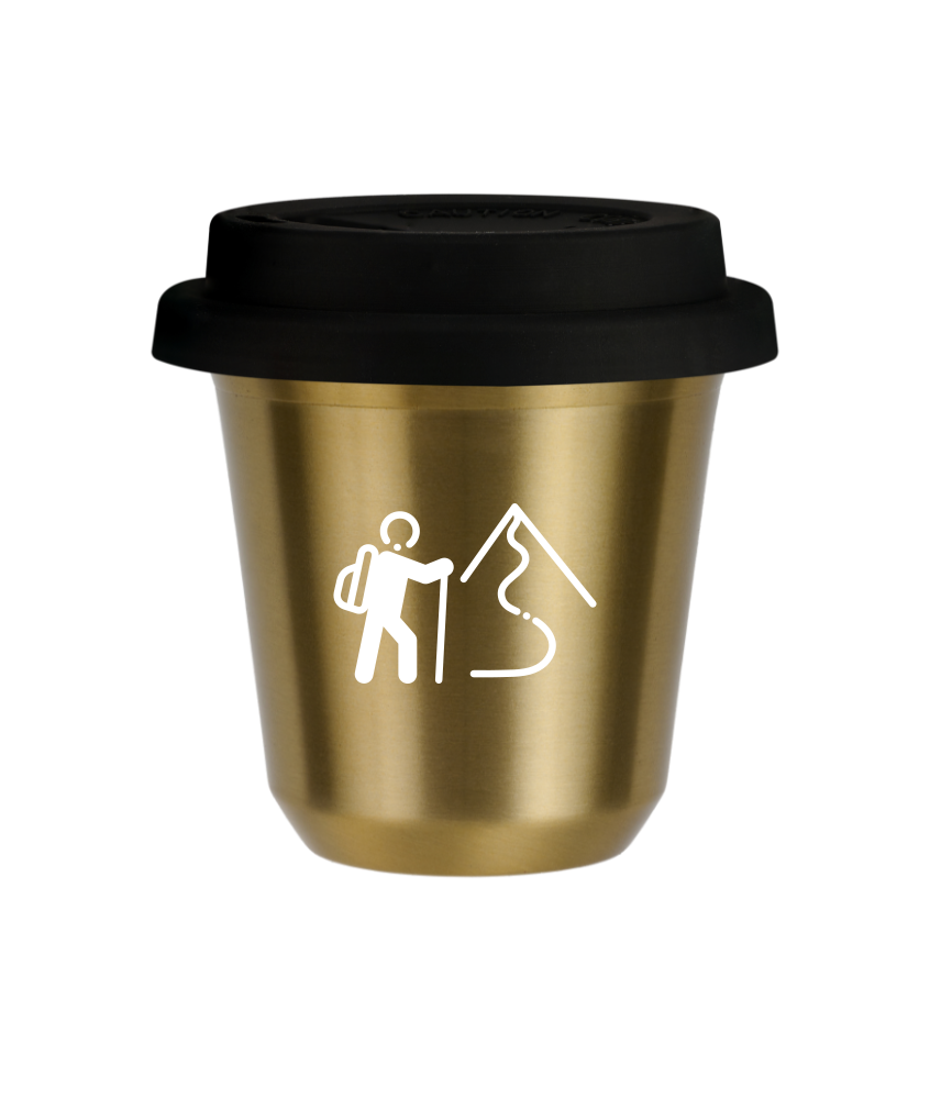 Tasse 150 ml OR "Escalade 2 (blanc)", avec couvercle noir