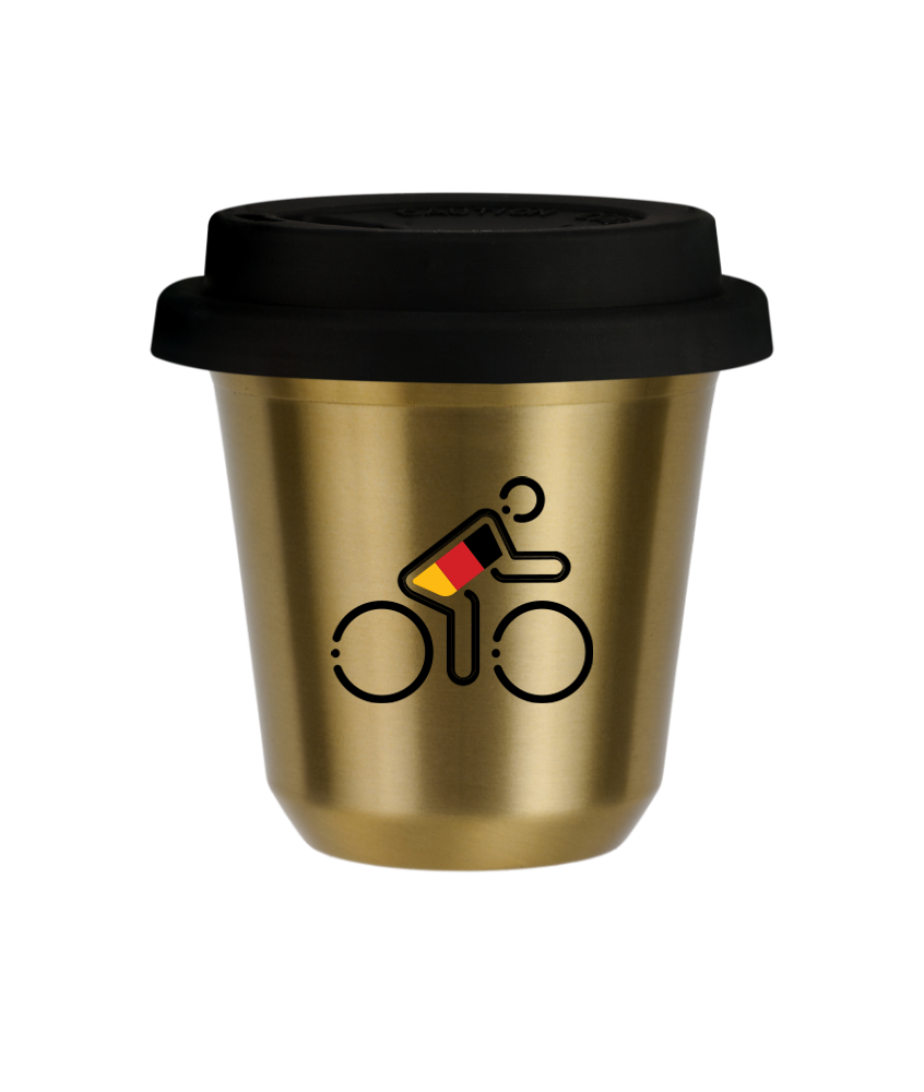 Tasse 150 ml OR "Cycliste aux couleurs allemandes (noir)", avec couvercle noir