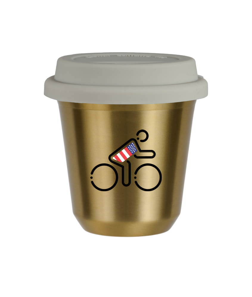 Tasse 150 ml OR "Cycliste aux couleurs britanniques", avec couvercle blanc
