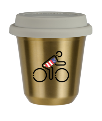 Tasse 150 ml OR "Cycliste aux couleurs britanniques (noir)", avec couvercle blanc Tasse 150 ml OR "Cycliste aux couleurs britanniques (noir)", avec couvercle blanc
