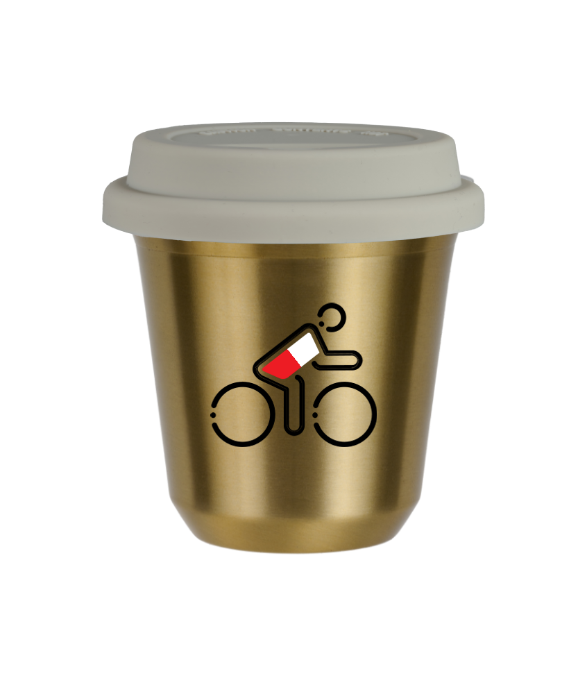 Tasse 150 ml OR "Cycliste aux couleurs polonaises", avec couvercle blanc