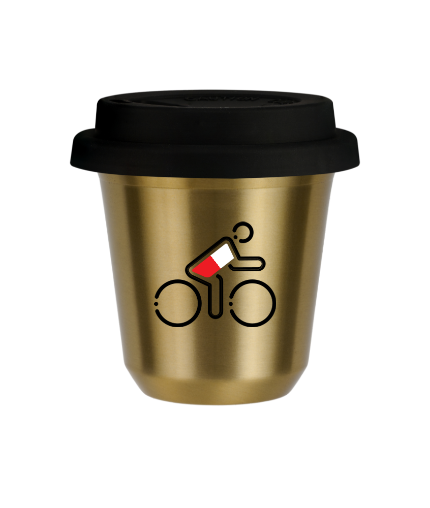 Tasse 150 ml OR "Cycliste aux couleurs polonaises (noir)", avec couvercle noir